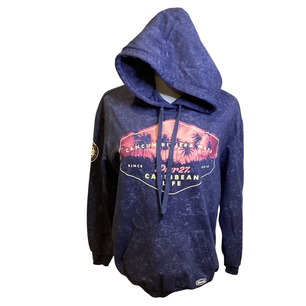 Pier27 Mens Cancun Riviera Beach‎ Graphic Hoodie Sweatshirt L Navy Blue Tie Dye